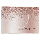 バラ金ゴールド-赤面ピンクグリッターメタルモノグラム名 ラージペーパーバッグ (裏面)