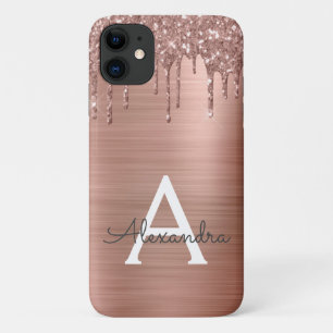 バラ金ゴールド-赤面ピンクグリッターメタルモノグラム名 iPhone 11 ケース