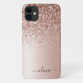バラ金ゴールド-赤面ピンクグリッターメタルモノグラム名 iPhone 11 ケース