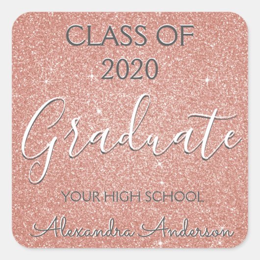 バラ金ゴールド-赤面ピンクグリッター卒業 スクエアシール (正面)