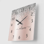 バラ金ゴールド-赤面ピンクシルバーグリッターモノグラム スクエア壁時計 (傾斜)