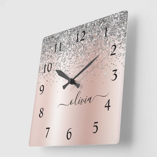 バラ金ゴールド-赤面ピンクシルバーグリッターモノグラム スクエア壁時計 (傾斜)