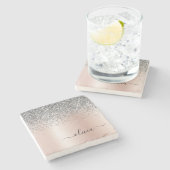 バラ金ゴールド-赤面ピンクシルバーグリッターモノグラム ストーンコースター (横)