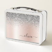 バラ金ゴールド-赤面ピンクシルバーグリッターモノグラム メタルランチボックス (裏面)