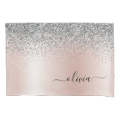 バラ金ゴールド-赤面ピンクシルバーグリッターモノグラム 枕カバー (正面)