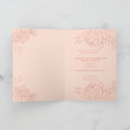 バラ金ゴールド&赤面ピンクファインアートフローラキンセアニェラ 招待状 (内部)