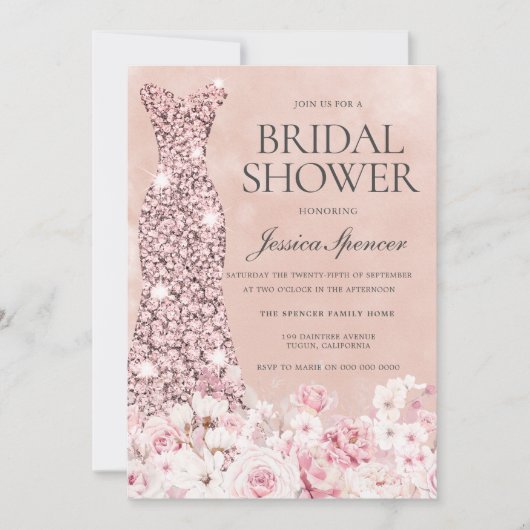 バラ金ゴールド&赤面ピンクフローラブライダルシャワーInvt 招待状 (正面)