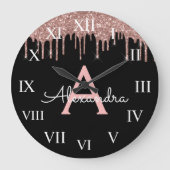 バラ金ゴールド-赤面ピンクブラックグリッターモノグラム名 ラージ壁時計 (正面)