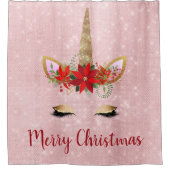 バラ金ゴールド-赤面ピンクメリークリスマスユニコーン シャワーカーテン (正面)