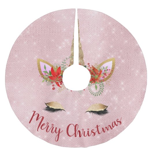 バラ金ゴールド-赤面ピンクメリークリスマスユニコーン ブラッシュドポリエステルツリースカート (正面)