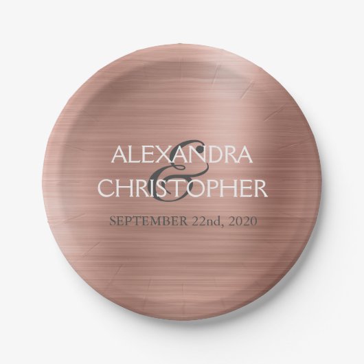 バラ金ゴールド-赤面ピンクモダンフォイル結婚ズ ペーパープレート (正面)