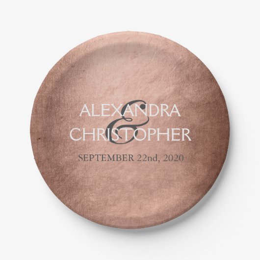 バラ金ゴールド-赤面ピンクモダンフォイル結婚ズ ペーパープレート (正面)