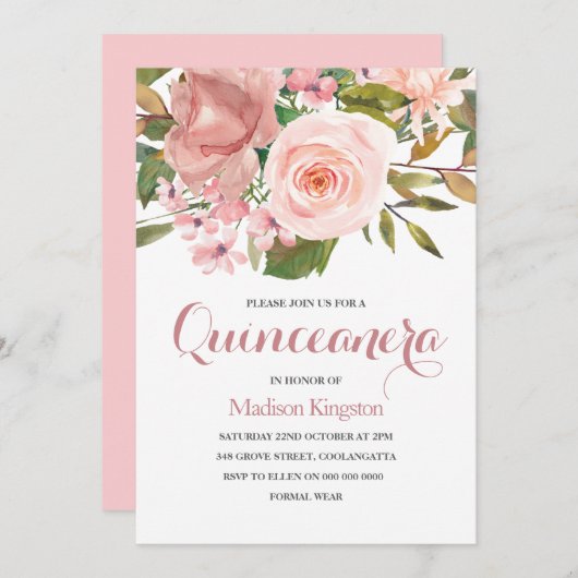 バラ金ゴールド&赤面フラワーズキンセアニェラパーティー招待状 招待状 (正面/裏面)