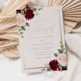 バラ金ゴールド、赤面、ブルゴーニュフローラ結婚ズ 箔招待状