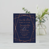 バラ金ゴールドgeometric navy blue script save date 箔招待状ポストカード (立ち正面)
