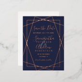 バラ金ゴールドgeometric navy blue script save date 箔招待状ポストカード (正面/裏面)
