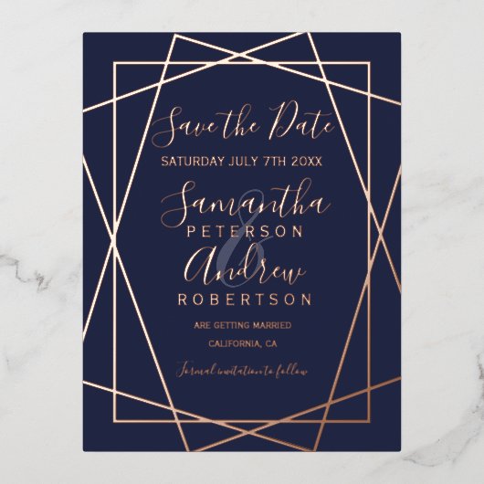 バラ金ゴールドgeometric navy blue script save date 箔招待状ポストカード (正面)