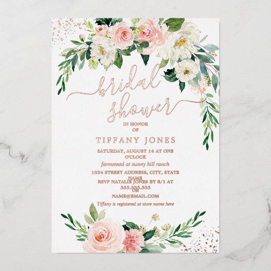 バラ金箔ピンクフローラブライダルシャワー 箔招待状 (正面)