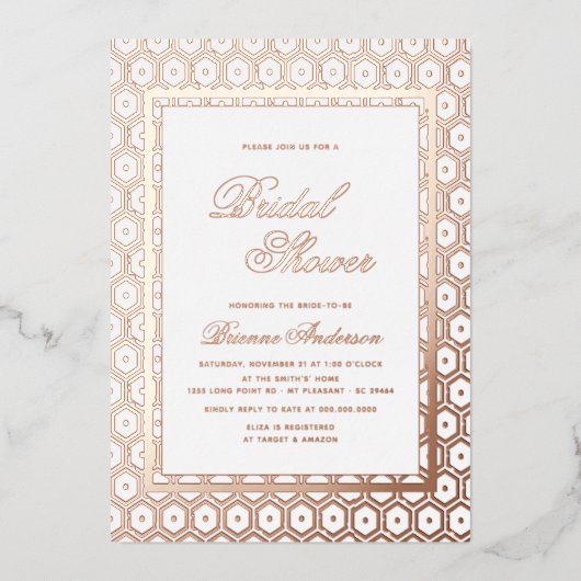 バラ金箔押し幾何学模様ブライダルシャワー 箔招待状 (正面)
