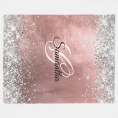 バラ金箔銀グリッターファンシーモノグラムの フリースブランケット (正面(横))