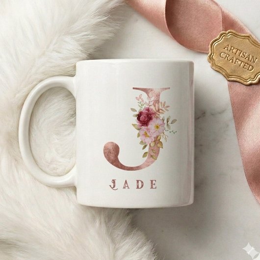 バラ金色の花とイニシャルJのモノグラム オーダーメイド コーヒーマグカップ