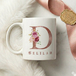 バラ金色の花のイニシャルDモノグラム 名前入り コーヒーマグカップ