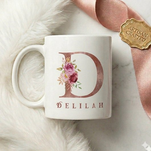バラ金色の花のイニシャルDモノグラム 名前入り コーヒーマグカップ