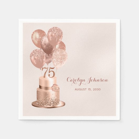 バラ金色ケーキ 75歳の誕生日 スタンダードカクテルナプキン (正面)