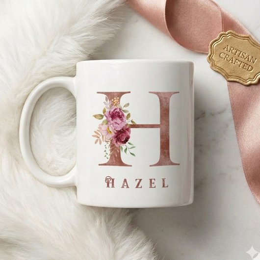 バラ金色フラワーモノグラム Hイニシャル コーヒーマグカップ