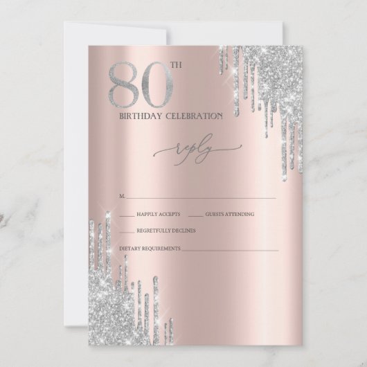 バラ金色+シルバーグリッター 80歳の誕生日 RSVP 招待状 (正面)