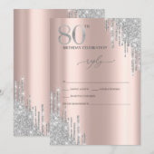 バラ金色+シルバーグリッター 80歳の誕生日 RSVP 招待状 (正面/裏面)