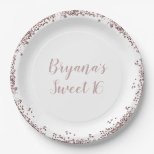 バラ金色+ピンクグリッターの縁取りがゴージャスなSweet 16パーティーグッズ ペーパープレート