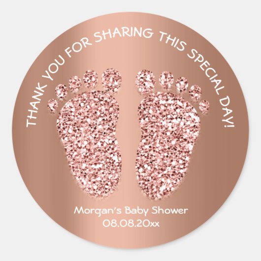 バラ銅グリッター足ベビーシャワー感謝してい賛成 ラウンドシール (正面)
