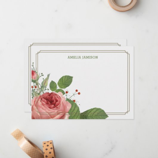 バラ開花文パーソナライズされた房具フラットノートカード ノートカード (正面/裏面インサイチュ)