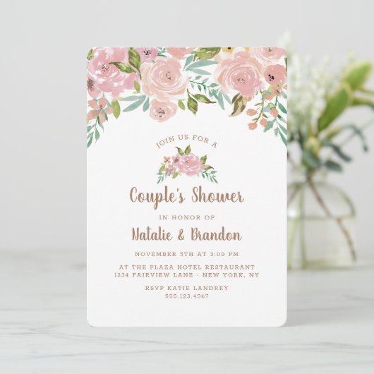 バラ魅力的ヴィンテージほこりっぽいピンクウェディングシャワー 招待状 (スタンド正面)