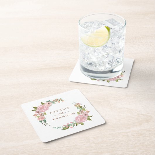 バラ魅力的ヴィンテージほこりっぽいピンクフローラモノグラム スクエアペーパーコースター (インサイチュ)