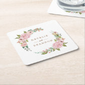 バラ魅力的ヴィンテージほこりっぽいピンクフローラモノグラム スクエアペーパーコースター (アングル)