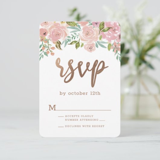 バラ魅力的ヴィンテージほこりっぽいピンクフローラ水色 出欠カード (スタンド正面)