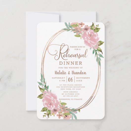 バラ魅力的ヴィンテージほこりっぽいピンクリハーサルディナー 招待状 (正面)