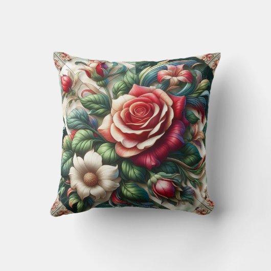 バラ鮮やかとユリの配置 クッション (裏面)