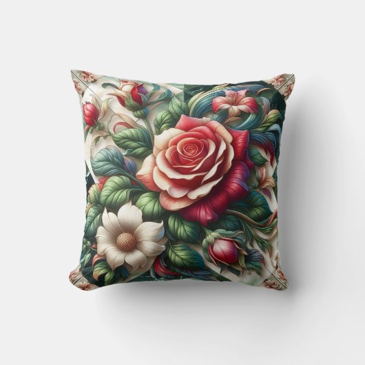 バラ鮮やかとユリの配置 クッション (正面)
