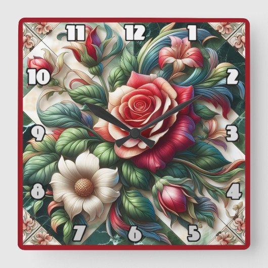 バラ鮮やかとユリの配置 スクエア壁時計 (正面)