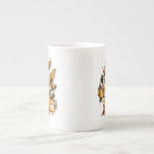 バラ，グラフィックフローラアート，咲くバラの花 ボーンチャイナマグカップ (正面)