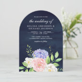 バラ（サーモンピンク） 紫陽花（ラベンダー） ネイビー 結婚式 招待状 (スタンド正面)