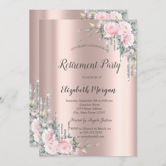 バラ,シルバーグリッタードリップバラ金ゴールド退職 招待状 (正面/裏面)