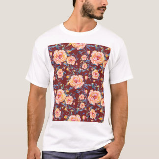 バラ、シームレスな赤い背景パターン Tシャツ