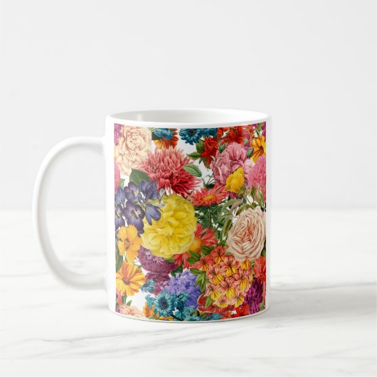 バラ、ダリア、マリゴールドの花柄 コーヒーマグカップ (左)