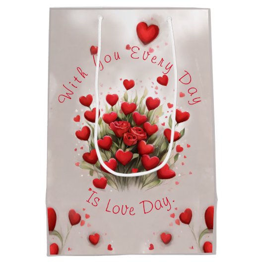 バラ&ハートかわいいテディベアバレンタインデー ミディアムペーパーバッグ (裏面)