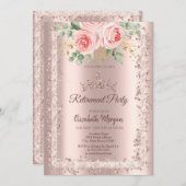 バラ、バラ金ゴールドグリッターフレームクラウン退職 招待状 (正面/裏面)