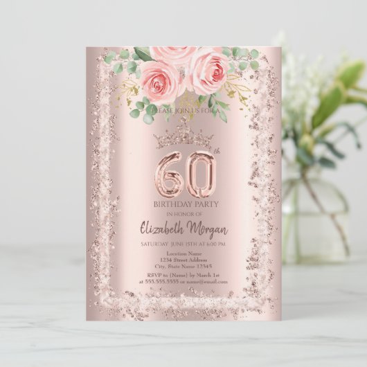 バラ,バラ金ゴールドグリッターフレームクラウン60番目の誕生日 招待状 (スタンド正面)